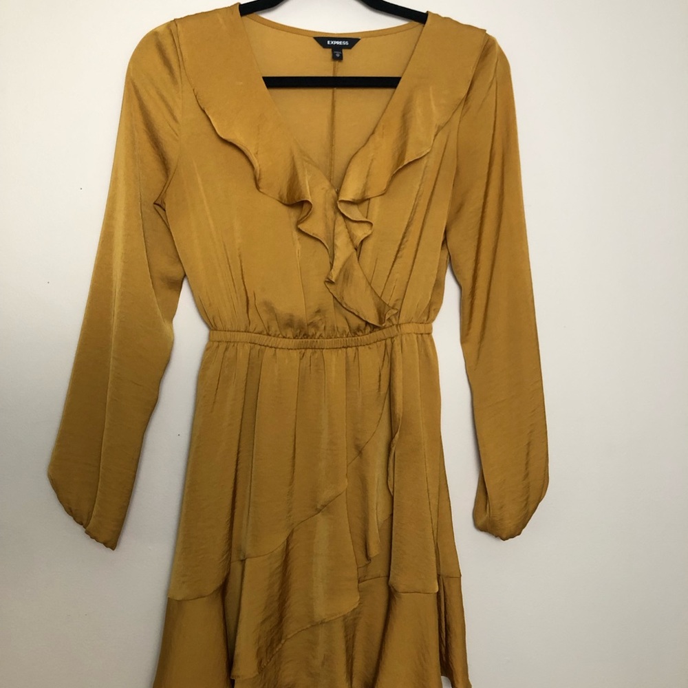 Mustard Yellow Satin Ruffle Faux Wrap Dress